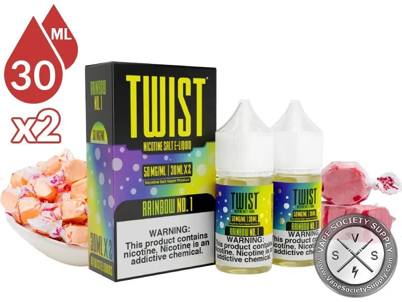 Rainbow No. 1 by Twist Salt 60ml bottles and box with a bowl of wrapped taffy and pink taffy