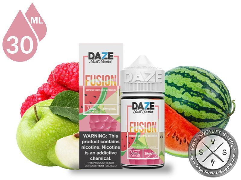 Raspberry Green Apple Watermelon 7 Daze Fusion Salt 30ml bottle and box with raspberries, green apples and a watermelon