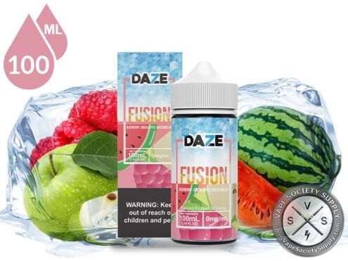 Raspberry Green Apple Watermelon Iced 7 Daze Fusion 100ml bottle and box with raspberries, green apples and a watermelon on ice