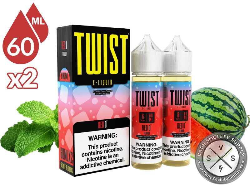 Red 0° by Twist 120ml bottles and box with mint leaves and a watermelon