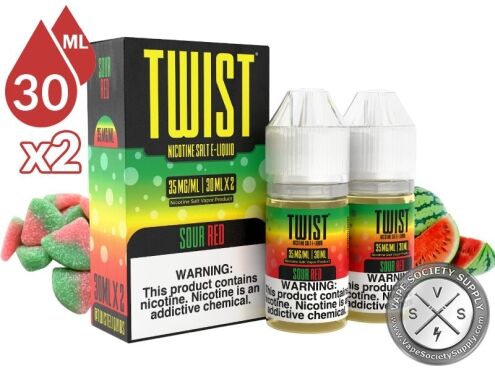 Sour Red by Twist Salt 60ml bottles and box with watermelon gummy candies and watermelon slices