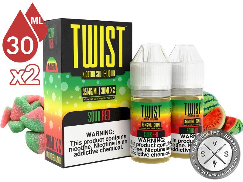 Sour Red by Twist Salt 60ml bottles and box with watermelon gummy candies and watermelon slices