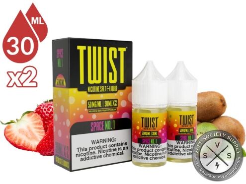 Space No. 1 by Twist Salt 60ml bottles and box with strawberries and kiwis