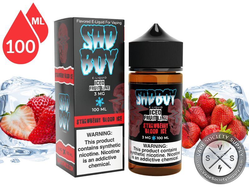 Strawberry Blood Ice by SadBoy 100ml bottle and box with strawberries and ice cubes