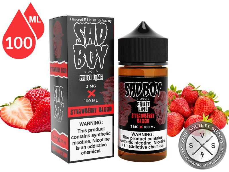 Strawberry Blood by SadBoy 100ml bottle and box with fresh strawberries