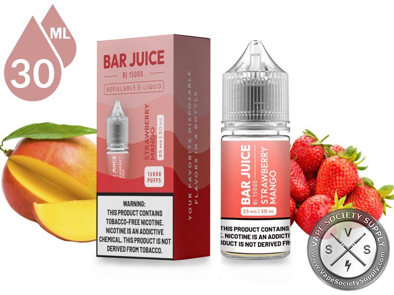 Strawberry Mango by Bar Juice Salt 30ml bottle and box with a mango and strawberries