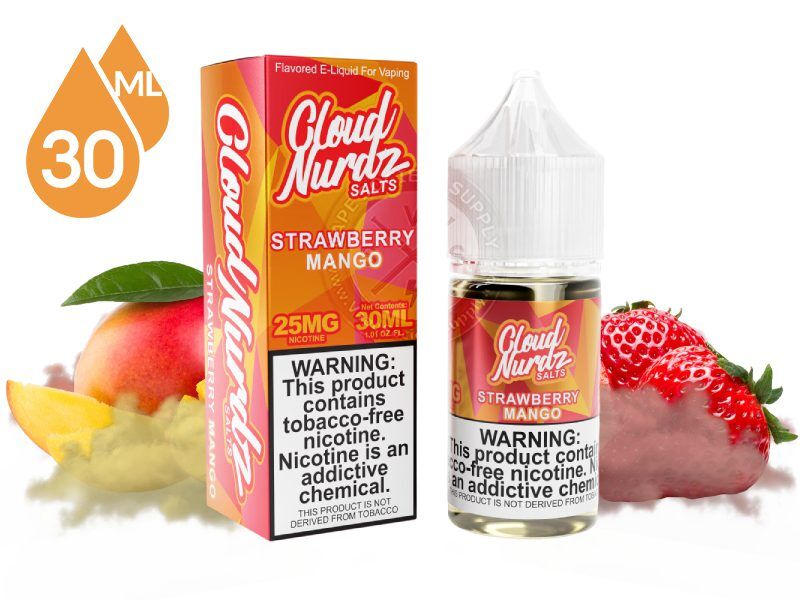 Strawberry Mango by Cloud Nurdz Salts 30ml bottle and box with a mango, strawberries and a colored cloud