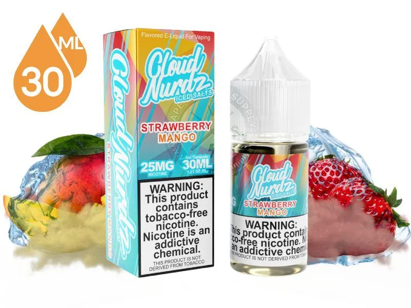Strawberry Mango Iced by Cloud Nurdz Salts 30ml bottle and box with a mango and strawberries covered in ice