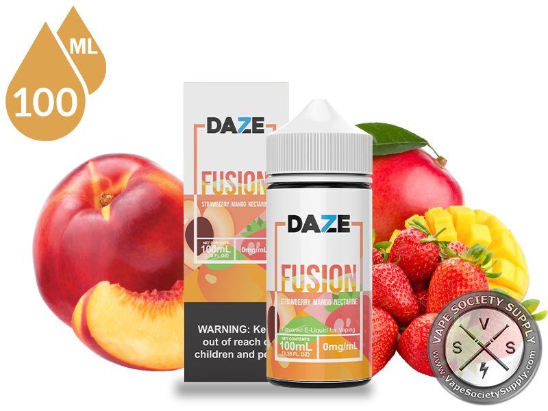 Strawberry Mango Nectarine 7 Daze Fusion 100ml bottle and box with a nectarine, strawberries and a mango