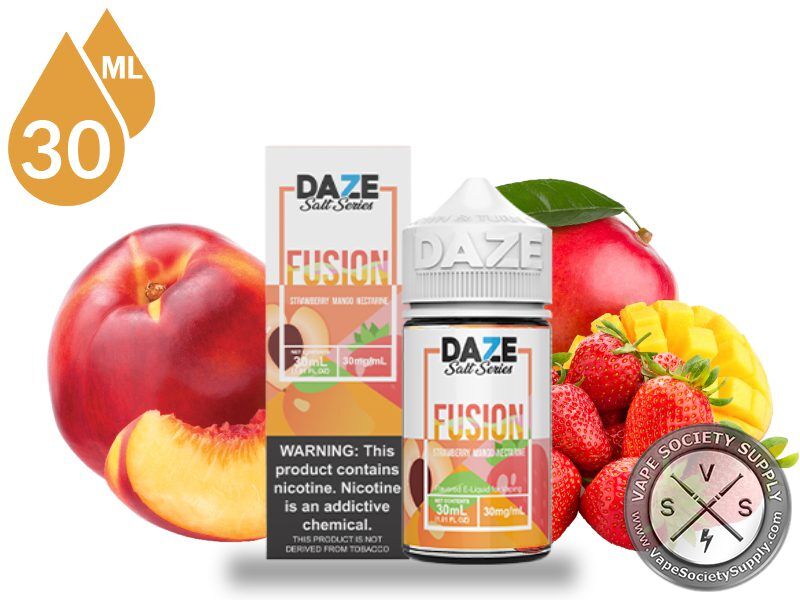Strawberry Mango Nectarine 7 Daze Fusion Salt 30ml bottle and box with a nectarine, strawberries and a mango