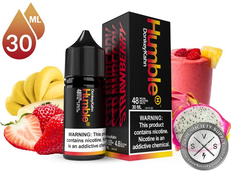 Strawnana Dragonfruit by Humble Salts 30ml bottle and box with bananas, strawberries, dragon fruit and a pink smoothie