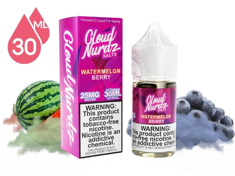 Watermelon Berry by Cloud Nurdz Salts 30ml bottle and box with a watermelon, blueberries and a colored cloud