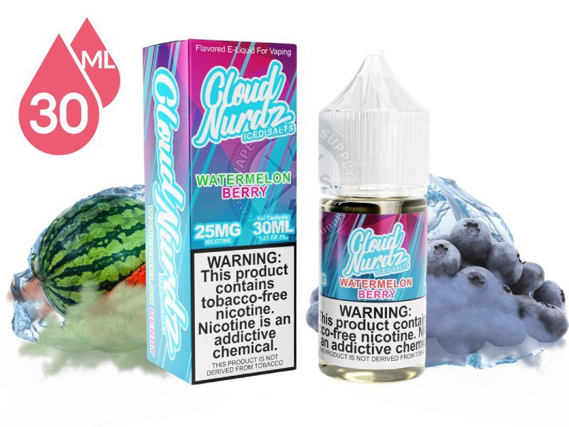 Watermelon Berry Iced by Cloud Nurdz Salts 30ml bottle and box with a watermelon and blueberries covered in ice