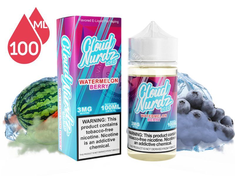 Watermelon Berry Iced by Cloud Nurdz 100ml bottle and box with a watermelon and blueberries covered in ice