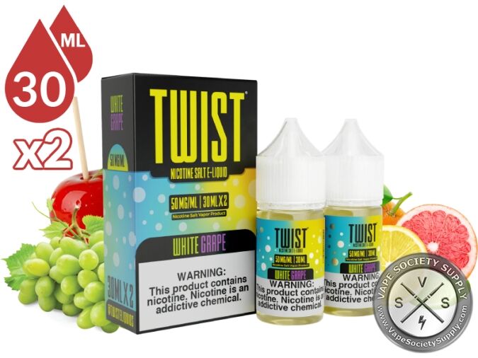 White Grape by Twist Salt 60ml bottles and box with a candy apple, green grapes and citrus fruit