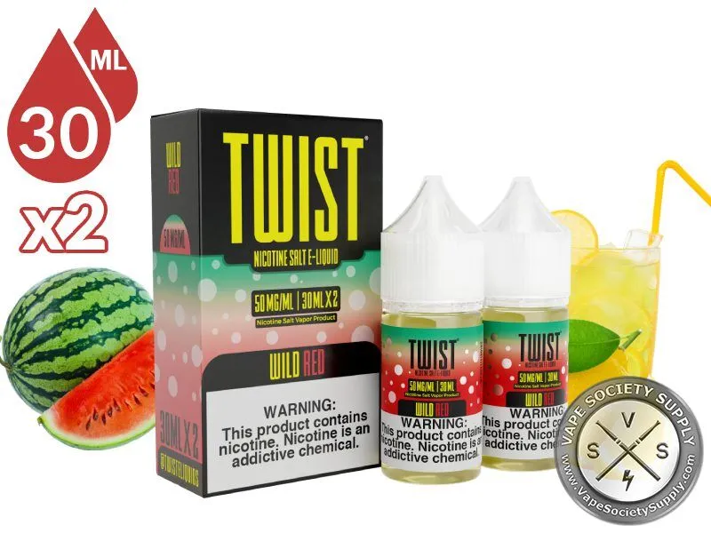 Wild Red by Twist Salt 60ml bottles and box with a watermelon and a glass of lemonade