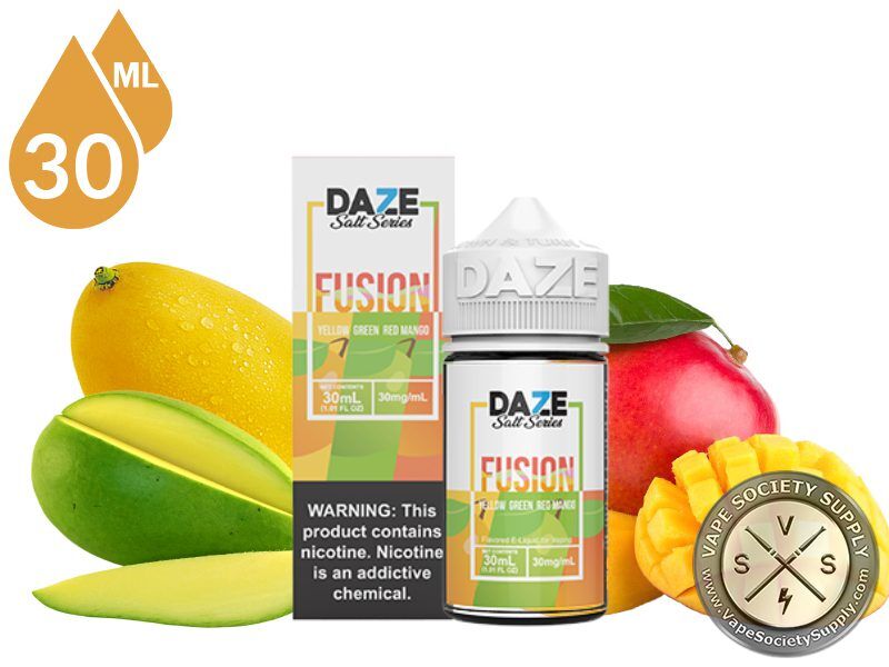 Yellow Green Red Mango 7 Daze Fusion Salt 30ml bottle and box with yellow, green and red mangoes