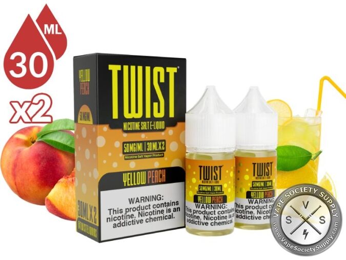 Yellow Peach by Twist Salt 60ml bottles and box with peaches and a glass of lemonade