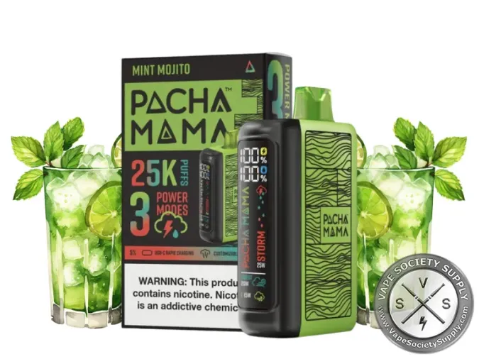 Pachamama 25K disposable in Mint Mojito with its box, a mojito, limes and mint