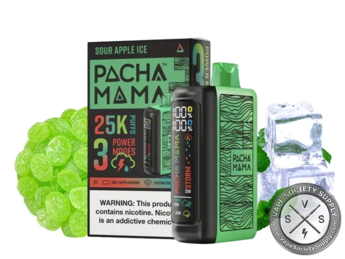 Pachamama 25K disposable in Sour Apple Ice with its box, sour apple gummies and ice