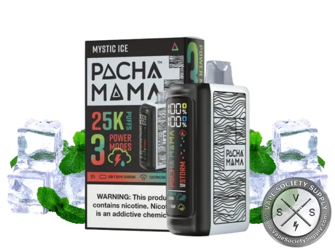 Pachamama 25K disposable in Mystic Ice with its box, mint and ice