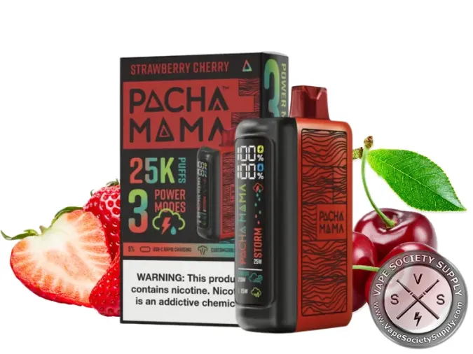 Pachamama 25K disposable in Strawberry Cherry with its box, strawberries and cherries