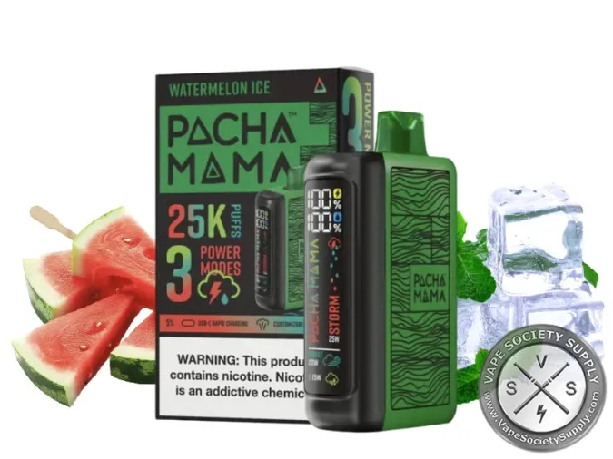 Pachamama 25K disposable in Watermelon Ice with its box, watermelon and ice