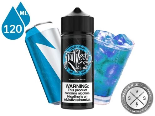 Energy Drank Ruthless Vapor 120ml bottle with energy drink cans and a glass of energy drink