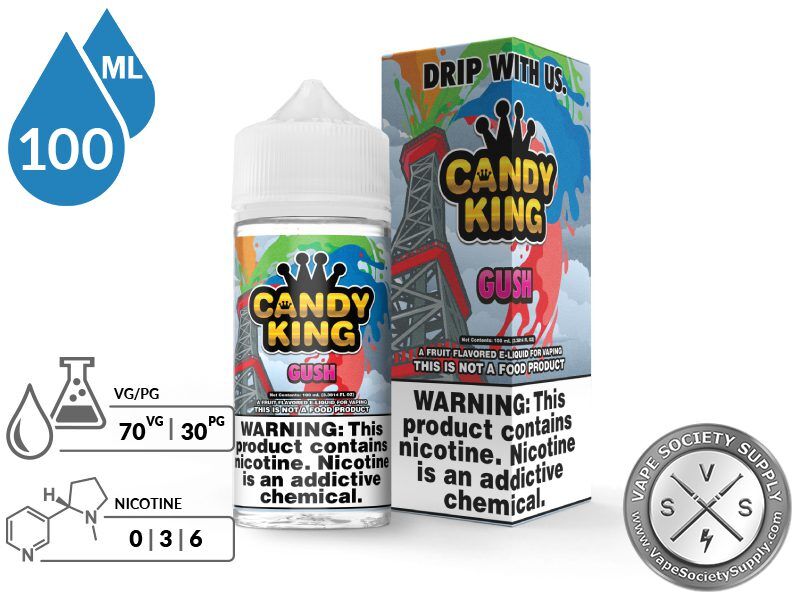 Gush Candy King 100ml bottle and box with a 70/30 VG/PG icon and nicotine strength icons