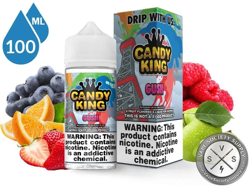 Gush Candy King 100ml bottle and box with blueberries, oranges, strawberries, raspberries and a green apple
