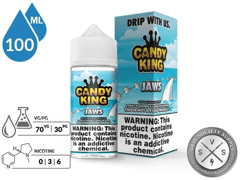 Jaws Candy King 100ml bottle and box with a 70/30 VG/PG icon and nicotine strength icons