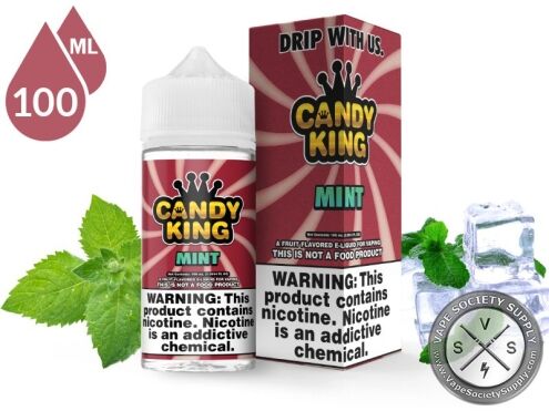 Mint Candy King 100ml bottle and box with mint leaves and ice cubes