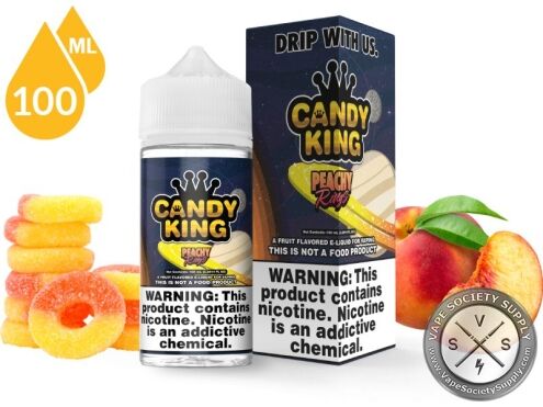 Peachy Rings Candy King 100ml bottle and box with peach rings and a peach