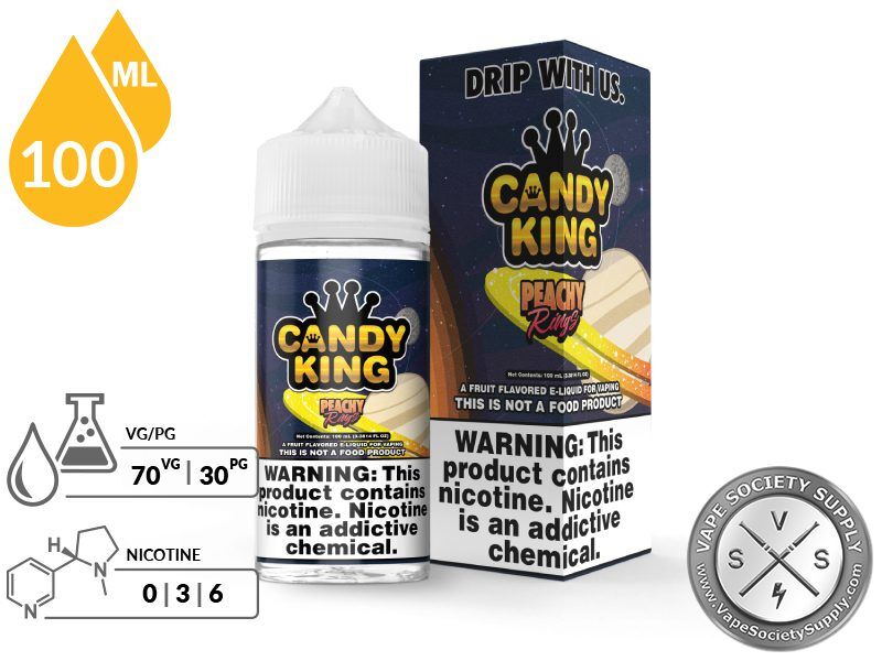 Peachy Rings Candy King 100ml bottle and box with a 70/30 VG/PG icon and nicotine strength icons