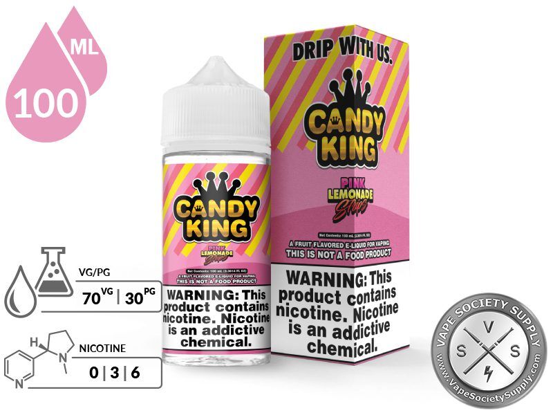 Pink Lemonade Strips Candy King 100ml bottle and box with a 70/30 VG/PG icon and nicotine strength icons