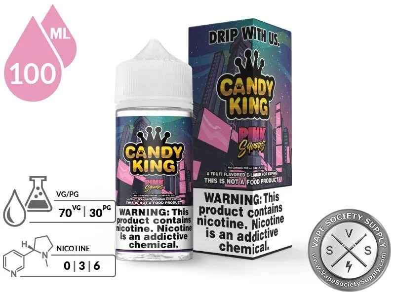 Pink Squares Candy King 100ml bottle and box with a 70/30 VG/PG icon and nicotine strength icons