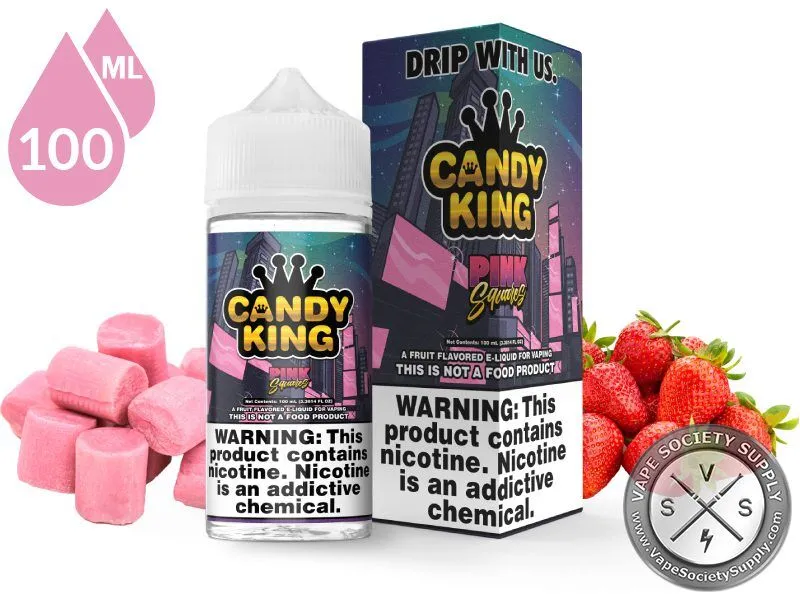 Pink Squares Candy King 100ml bottle and box with pink chewy candy squares and strawberries