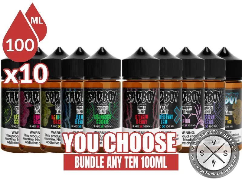 SadBoy E-Liquid Bundle 10x100ml (1000ml): 10 bottles with a You Choose banner