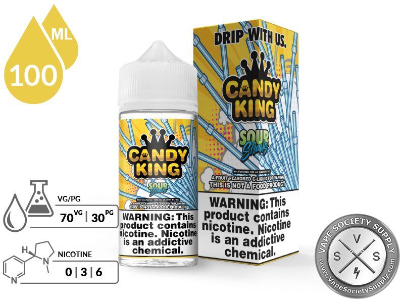 Sour Straws Candy King 100ml bottle and box with a 70/30 VG/PG icon and nicotine strength icons
