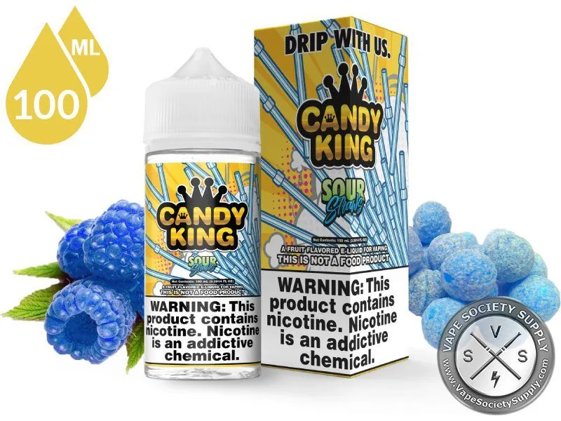 Sour Straws Candy King 100ml bottle and box with blue raspberries and sugar-coated blue candies