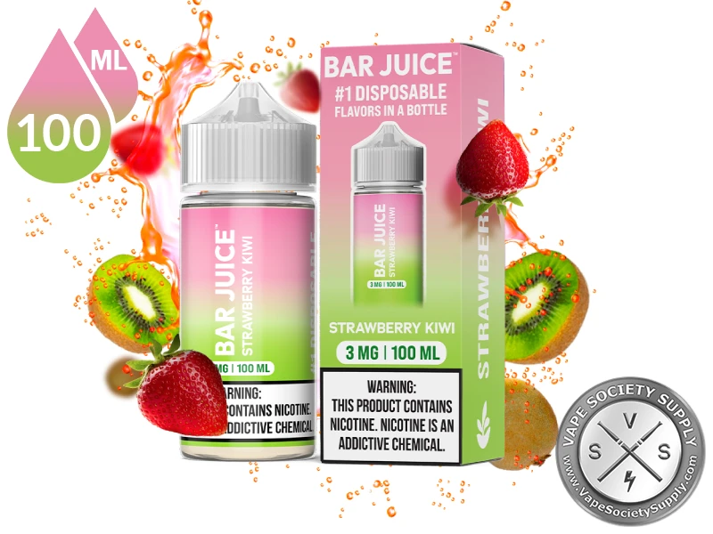 Strawberry Kiwi by Bar Juice 100ml bottle and box with strawberries and kiwis