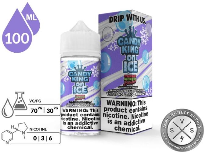 Strawberry Watermelon Bubblegum Candy King On Ice 100ml bottle and box with a 70/30 VG/PG icon and nicotine strength icons