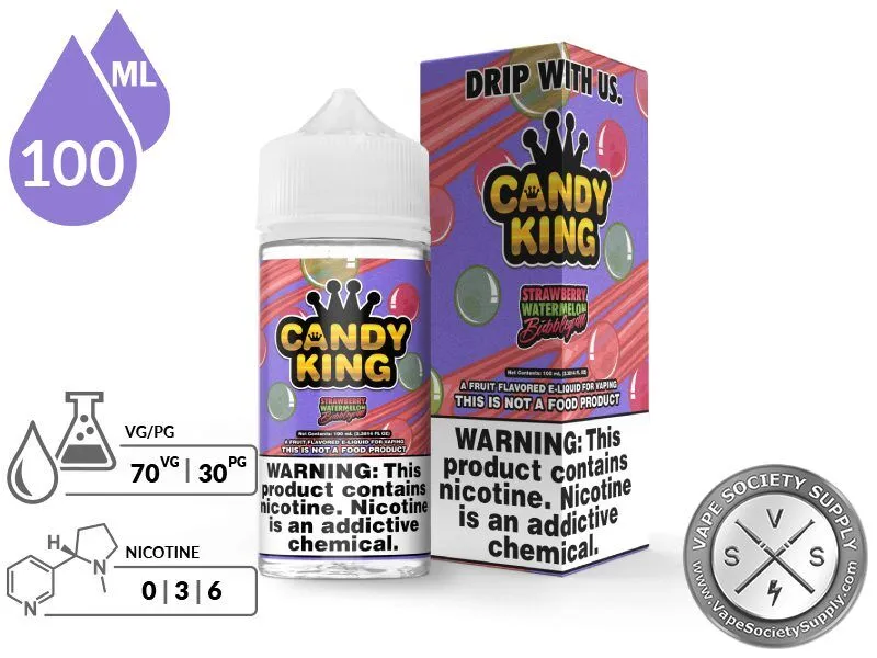 Strawberry Watermelon Bubblegum Candy King 100ml bottle and box with a 70/30 VG/PG icon and nicotine strength icons