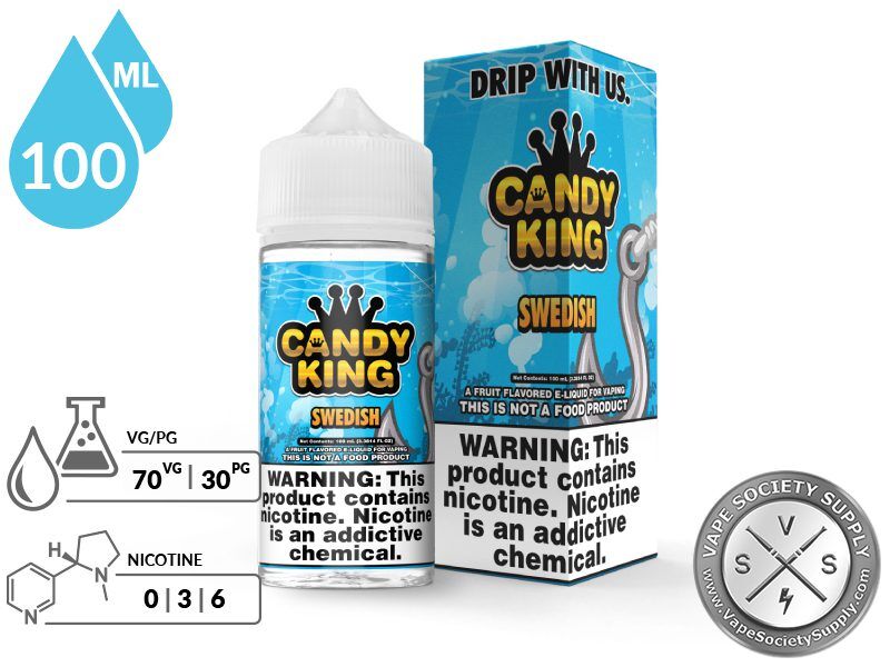 Swedish Candy King 100ml bottle and box with a 70/30 VG/PG icon and nicotine strength icons