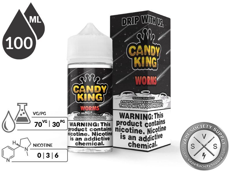 Worms Candy King 100ml bottle and box with a 70/30 VG/PG icon and nicotine strength icons