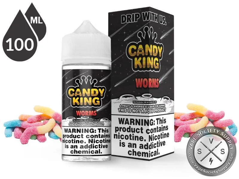 Worms Candy King 100ml bottle and box with sugar-coated gummy worms