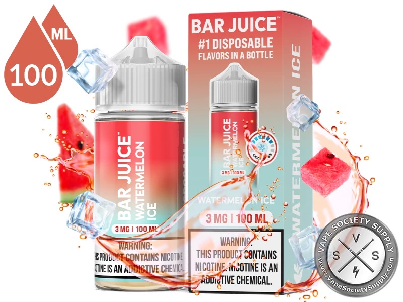 Watermelon Ice by Bar Juice 100ml bottle and box with watermelon and ice cubes
