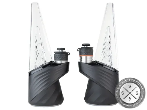 Two Puffco Peak Pro 3DXL e-rigs in Onyx side by side, showing the chamber and cap from two angles