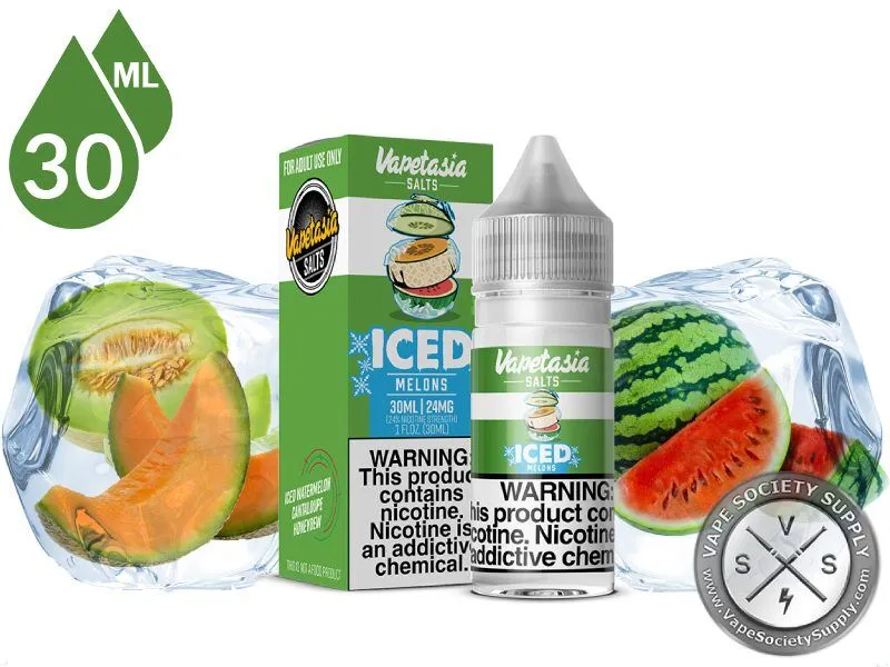Melons Iced Killer Fruits Vapetasia Salt 30ml bottle and box with cantaloupe, watermelon and ice