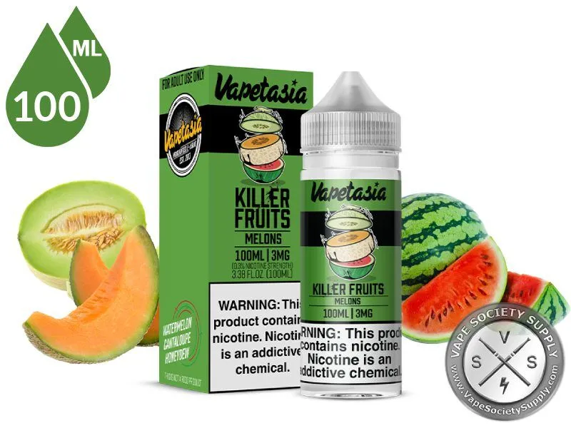 Melons Killer Fruits Vapetasia 100ml bottle and box with cantaloupe and watermelon